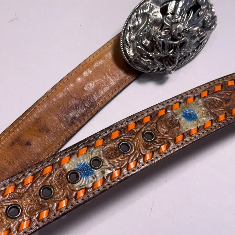 Heavy Leather Western Belt Mens‎ 44 Thai Dragon Stainless Steel Buckle